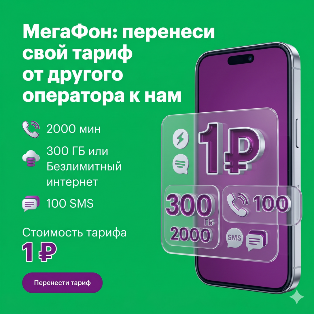 МегаФон: тариф за 1₽ (2000 мин / 300 ГБ или БИ / 100 SMS) за переход от другого оператора