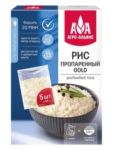 Рис Агро-Альянс Экстра, Gold, пропаренный, в пакетиках для варки, 400 г (с картой OZON)