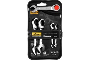Набор компактных комбинированных трещоточных ключей Inforce 06-05-104, 5 предметов, cталь Cr-V, 8-19мм, 72 зуба