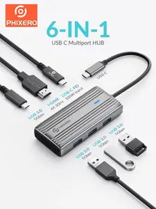USB-C хаб 6-в-1 PHIXERO 4K 30Hz HDMI, с PD зарядкой 100W, 3xUSB-A и USB-C портами 5 Гбит/с (с банками-партнерами, из-за рубежа)